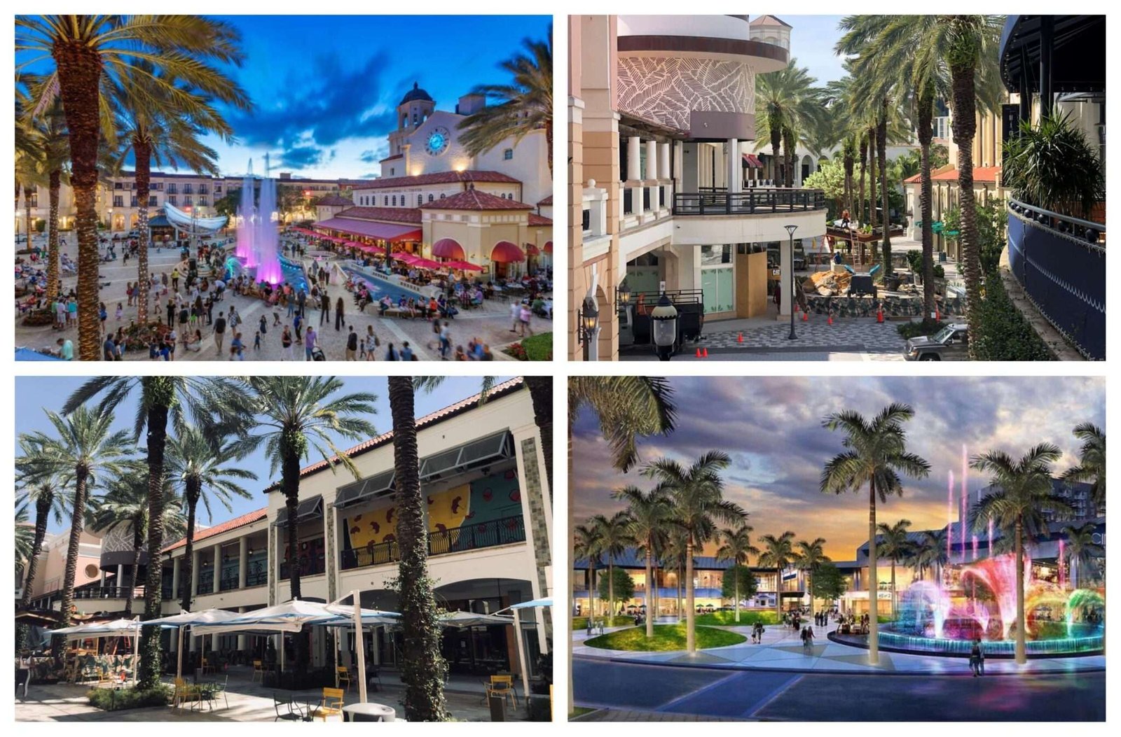 A Collage Of Pictures Of A Shopping Mall With Palm Trees And Palm Trees.